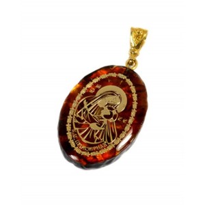 Кулон с янтарем иконка "Приезерная икона Божьей Матери" овал 21*31мм. (иск.)