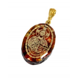 Кулон с янтарем иконка "Господь Вседержитель" овал 21*31мм. (иск.)