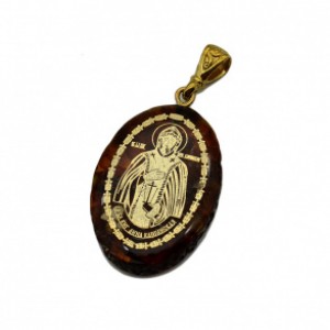 Кулон с янтарем иконка "Святая Блаженная Княгиня Анна Кашинская" овал 21*31мм. (иск.)