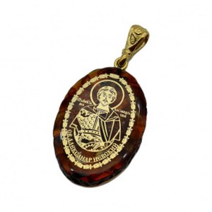 Кулон с янтарем иконка "Святой Александр Невский" овал 21*31мм. (иск.)
