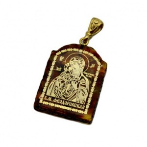 Кулон с янтарем иконка "Феодоровская икона Божьей Матери" арка 23*31мм. (иск.)