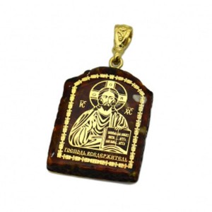 Кулон с янтарем иконка "Господь Вседержитель" арка 23*31мм. (иск.)