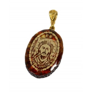 Кулон с янтарем иконка "Иисус Христос" овал 21*31мм. (иск.)