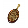 Кулон с янтарем иконка "Преподобный Серафим Саровский" овал 21*31мм. (иск.)