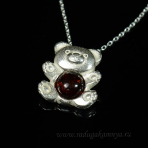 Кулон с янтарём в посеребрении "плюшевый мишка" 15*16мм коньячный (иск.)