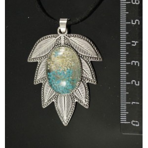 Кулон с кабошоном из пластика "два цветка", цвет морская волна, "лист", цвет ант. серебро, овал 25х18мм