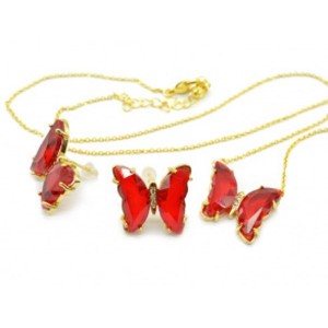 Серьги, Кулон на цепочке "Бабочки" 19*15мм, цвет красный, 4гр. (иск.)