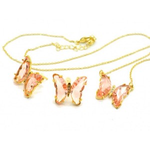 Серьги, Кулон на цепочке "Бабочки" 19*15мм, цвет розовый, 4гр. (иск.)
