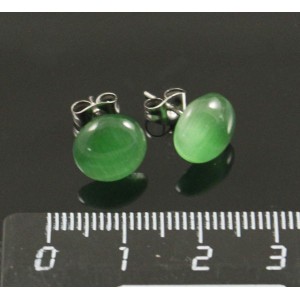 Серьги-пусеты кошачий глаз синт. зеленый, круг 10мм