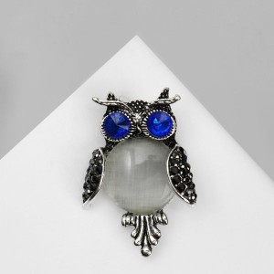 Брошь "Сова круглая", цвет бело-синий, цвет серебристый