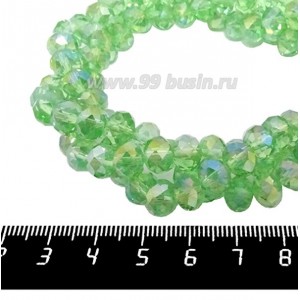 Бусина стеклянная на нитке мелкая грань 8*6 мм цвет зеленый/радужный около 40 см/нить