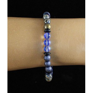 Браслет из гематита (синий, тонировка), опала иск., лавы, акрила, шарик 6мм и рондели