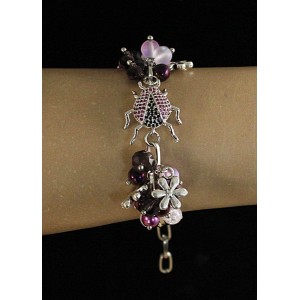 Браслет "божья коровка" гематит (фиолетовый, тонир.), опал иск., сах.кварц, майорка, хрусталь, на цепочке