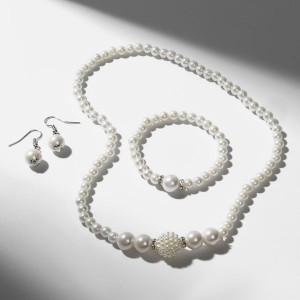 Комплект: серьги, колье, браслет жемчуг элегантный, цвет белый, цвет серебристый