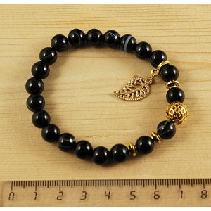 Браслет агат черный шарик 8мм, бусина ажурная 10мм, с подвеской