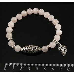 Браслет розовый кварц шарик 8мм, бусина ажурная 25мм, с подвеской