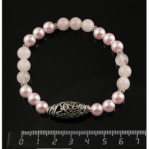 Браслет розовый кварц, майорка шарик 8мм, бусина ажурная 25мм