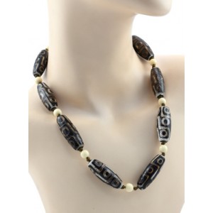 Бусы из агата ДЗИ "Девять глаз" бочонок 13*40мм, цвет черный, 52см