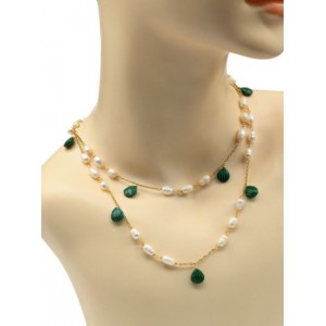 Бусы из жемчуга на цепочке с малахитом искусственным, 90см