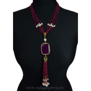 Колье с жемчугом и шпинелью 6 нитей цвет красный, с подвеской 49см, 69гр