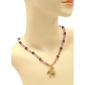 Бусы с подвеской из клубничного кварца шарик с гранями 5мм, 46см