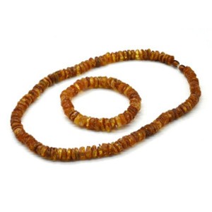 Бусы и браслет из янтаря легкой полировки диски 10мм цвет коньячный, 48см