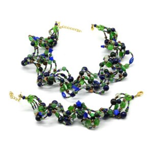 Комплект: бусы, браслет "Волна" 5 нитей цвет сине-зеленый, 45см, 18см (иск.)