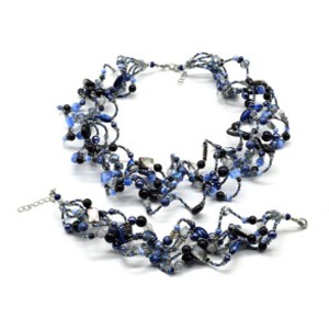 Комплект: бусы, браслет "Волна" 5 нитей цвет синий, 45см, 18см (иск.)