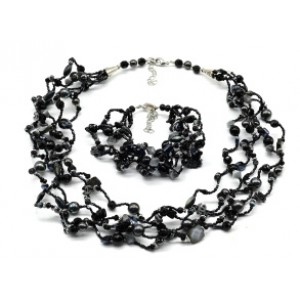 Комплект: бусы, браслет "Волна" 5 нитей цвет черный, 46см,18см (иск.)
