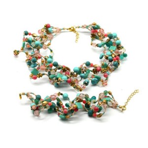 Комплект: бусы, браслет "Волна" 5 нитей цвет мятный, 45см,18см (иск.)