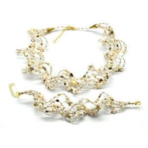 Комплект: бусы, браслет "Волна" 5 нитей цвет белый, 45см, 18см (иск.)