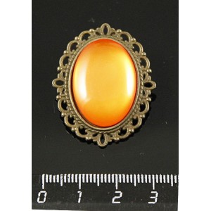 Брошь пластик оранжевый (эффект опала), с ажурным контуром, цвет бронза, овал 25х18мм