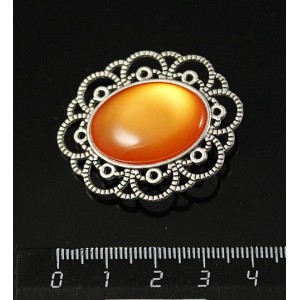 Брошь пластик оранжевый (эффект опала) "ромашка", цвет ант. серебро, овал 25х18мм
