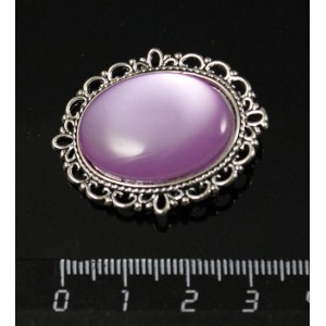 Брошь пластик сиреневый (эффект опала), с ажурным контуром, цвет ант. серебро, овал 25х18мм