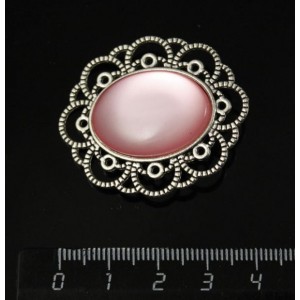Брошь пластик розовый (эффект опала) "ромашка", цвет ант. серебро, овал 25х18мм