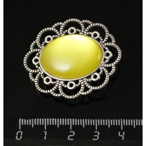 Брошь пластик желтый (эффект опала) "ромашка", цвет ант. серебро, овал 25х18мм