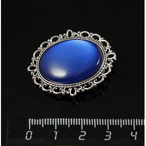 Брошь пластик синий (эффект опала), с ажурным контуром, цвет ант. серебро, овал 25х18мм