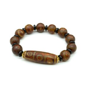 Браслет с бусинами Дзи Девять глаз бочонок 15*40мм, Три глаза шарик 14мм цвет шоколадный, 18см