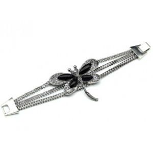 Браслет на металлической основе "Стрекоза" с агатом черным (имитация), 21см