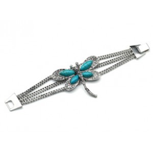 Браслет на металлической основе "Стрекоза" с бирюзой (имитация), 21см