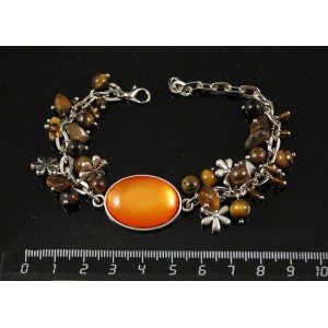 Браслет пластик оранжевый (эффект опала), + тигровый глаз шарик, овал 25х18мм, на цепочке