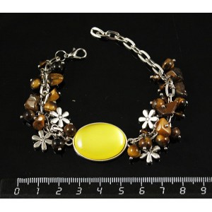 Браслет пластик желтый (эффект опала), + тигровый глаз шарик, овал 25х18мм, на цепочке