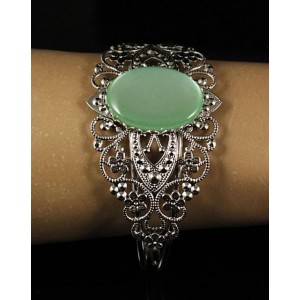 Браслет пластик мятный (эффект опала), овал 25х18мм, жесткая основа, цвет ант.серебро