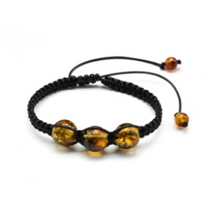 Браслет шамбала с 3 шариками 14мм из янтаря цвет коньячно-зеленый, 16см
