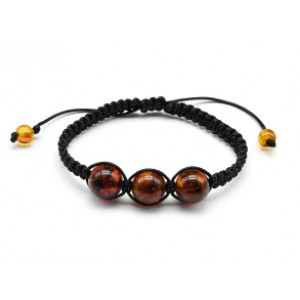 Браслет шамбала с 3 шариками 14мм из янтаря цвет коньячный, 17см