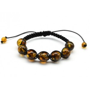 Браслет шамбала с 7 шариками 14мм из янтаря цвет коньячно-зеленый, 17см