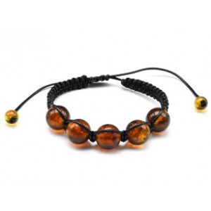 Браслет шамбала с 5 шариками 14мм из янтаря цвет коньячный, 16см