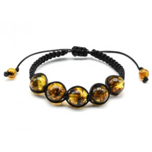 Браслет шамбала с 5 шариками 14мм из янтаря цвет коньячно-зеленый, 16см