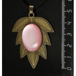 Кулон пластик розовый (эффект опала) "лист", овал 25х18мм, цвет бронза
