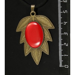 Кулон пластик красный (эффект опала) "лист", овал 25х18мм, цвет бронза